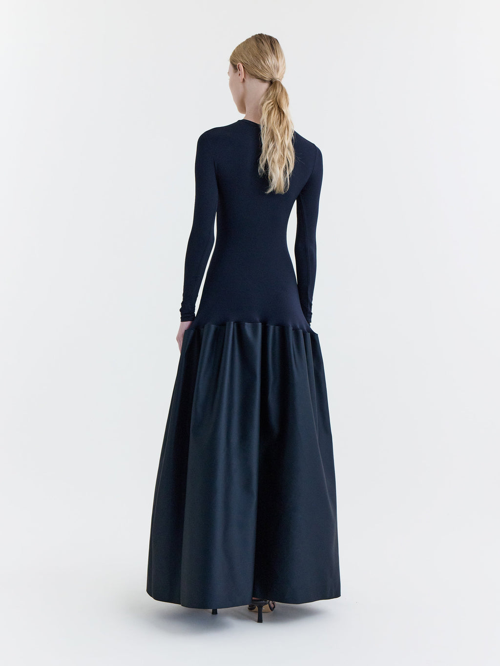 Black Stretch Jersey & Duchesse Satin Fitted Drop-Waist Gown