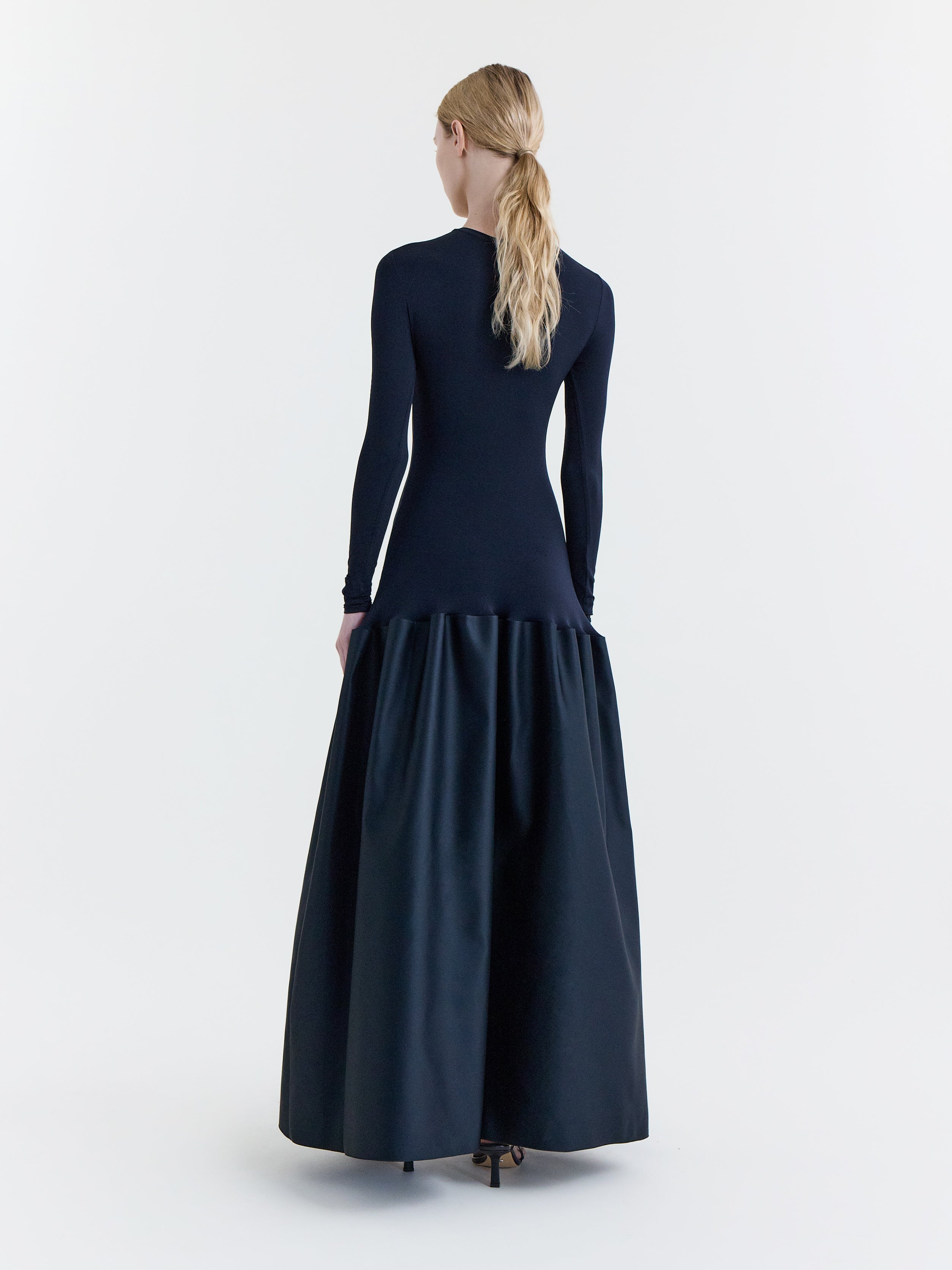 Black Stretch Jersey & Duchesse Satin Fitted Drop-Waist Gown