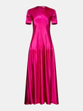 Fuchsia Hammered Satin Short-Sleeve Bias-Cut Drop-Waist Dress