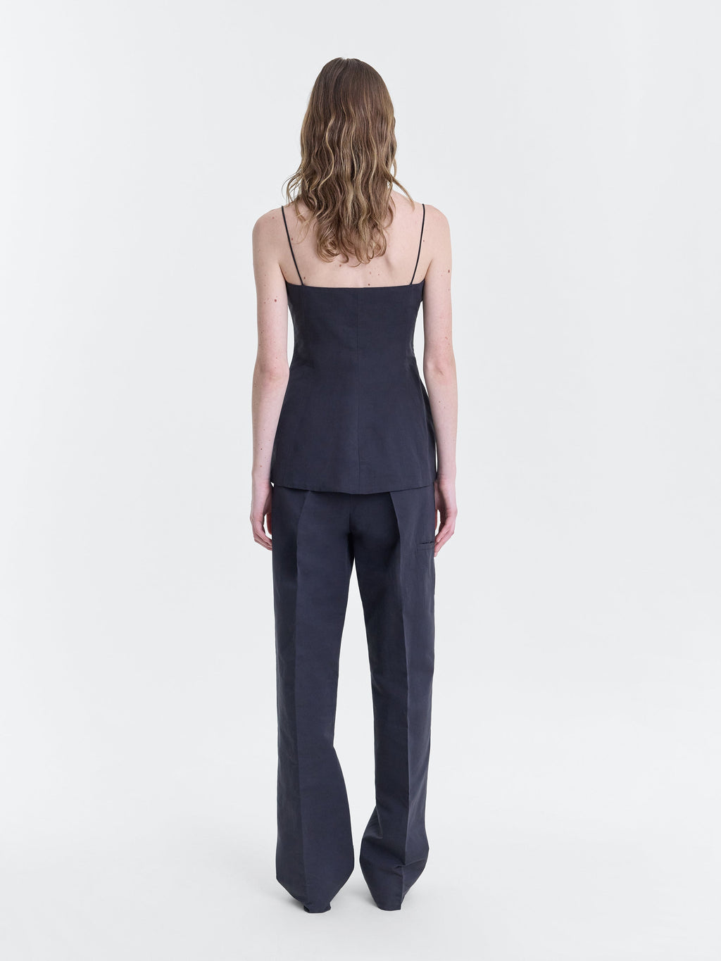 Black Cotton Silk Faille Tailored Camisole with Folded Neckline Detailing