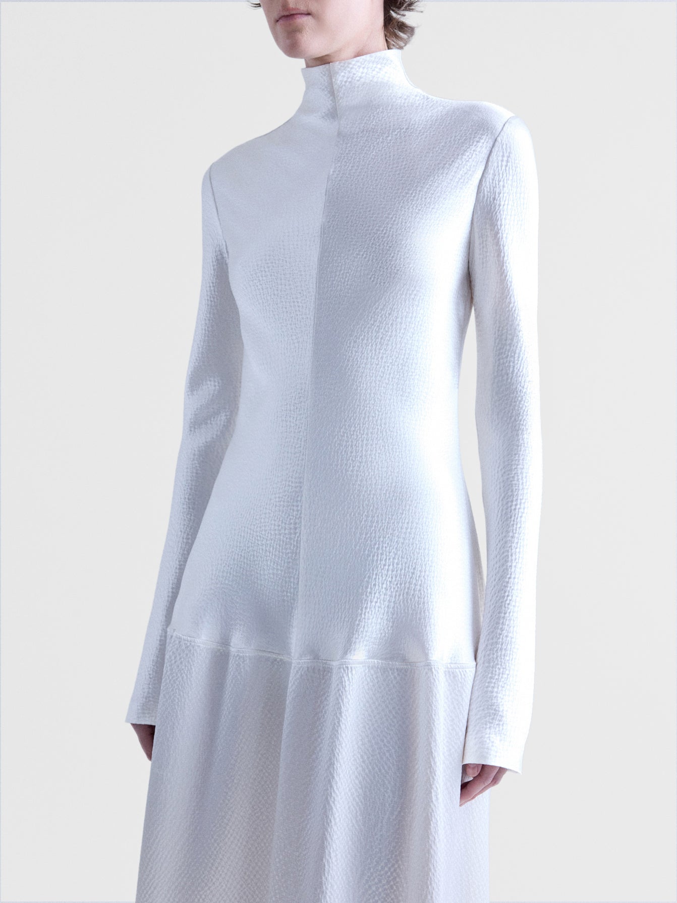 Cream Hammered Satin Bias-Cut Long Sleeve Drop-Waist Dress