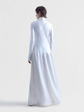 Cream Hammered Satin Bias-Cut Long Sleeve Drop-Waist Dress