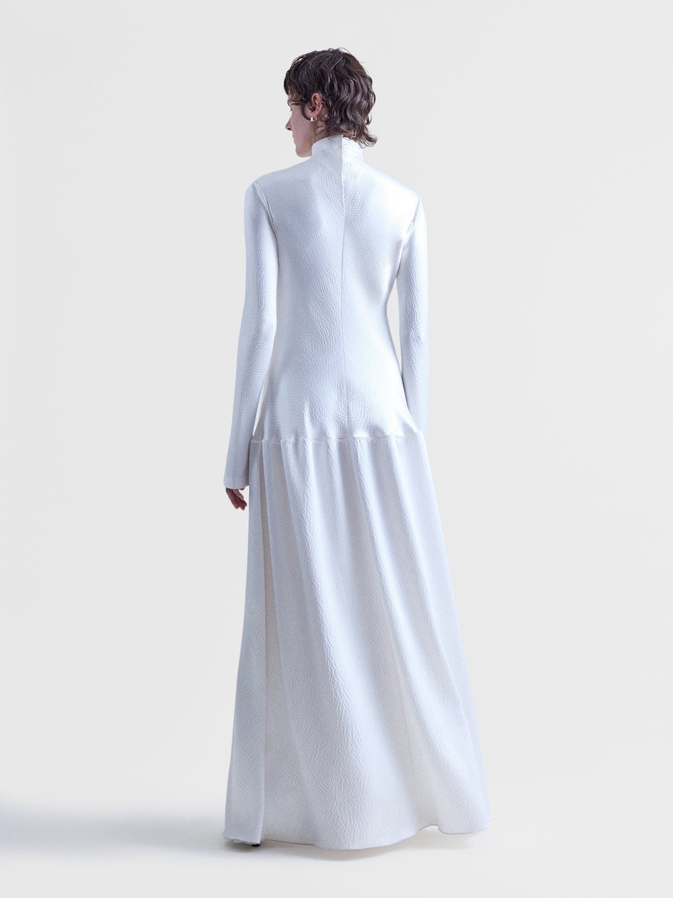 Cream Hammered Satin Bias-Cut Long Sleeve Drop-Waist Dress