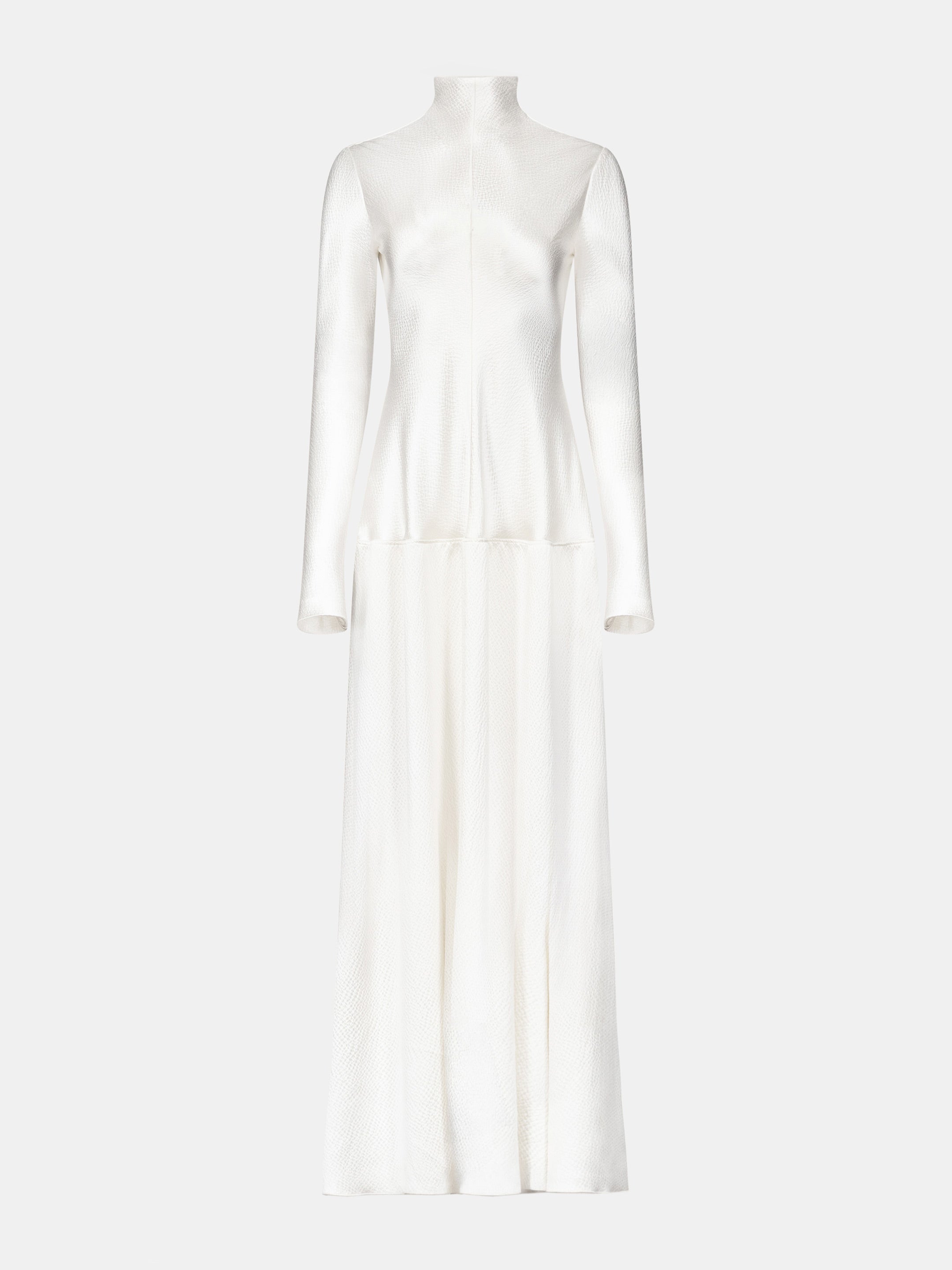 Cream Hammered Satin Bias-Cut Long Sleeve Drop-Waist Dress