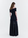 Black Viscose Cotton Blend Knit Off-Shoulder Sculpted Gown