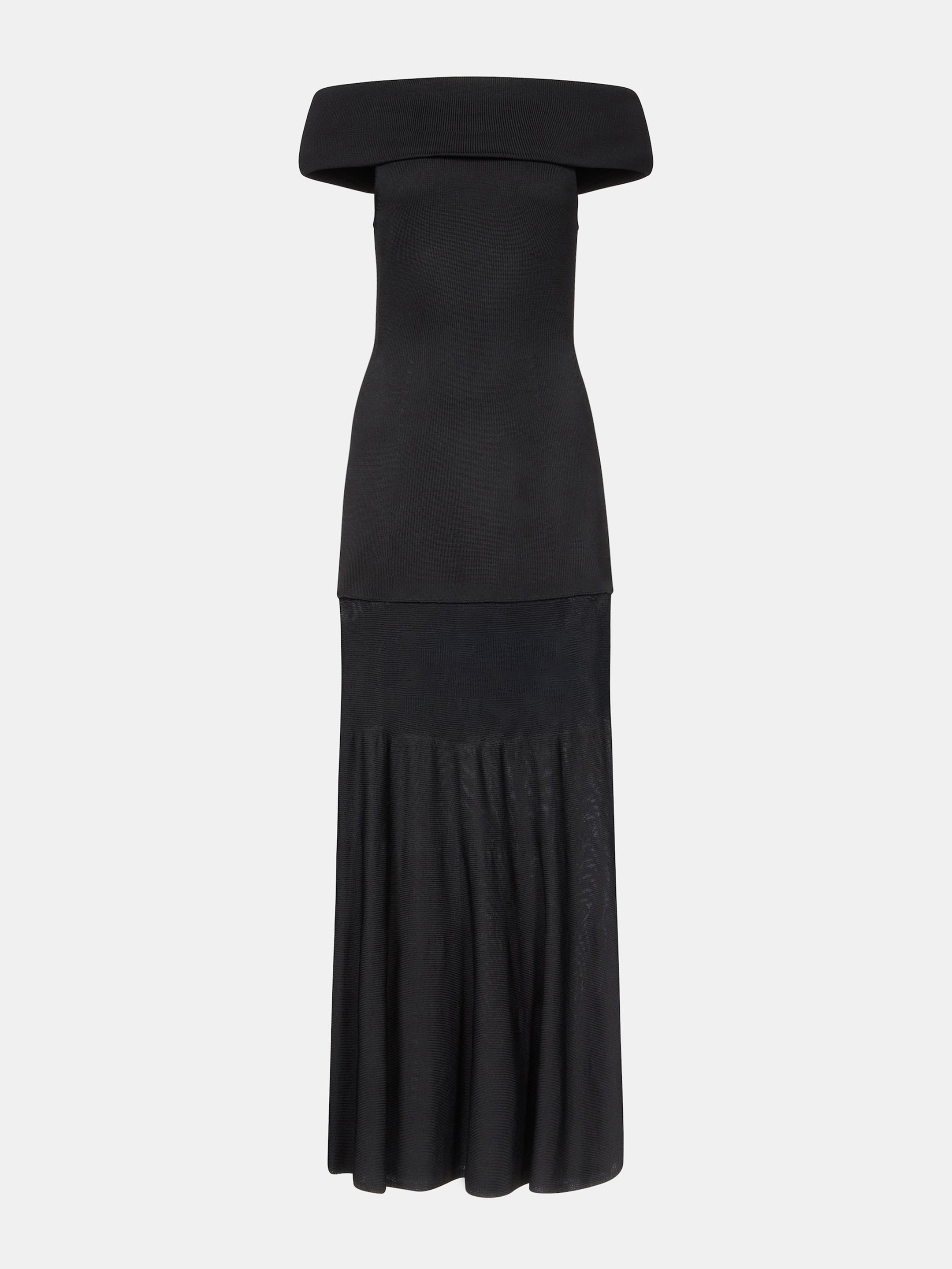Black Viscose Cotton Blend Knit Off-Shoulder Sculpted Gown