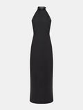 Black Lightweight Crepe Halter-Neck Dress with Leather Belt