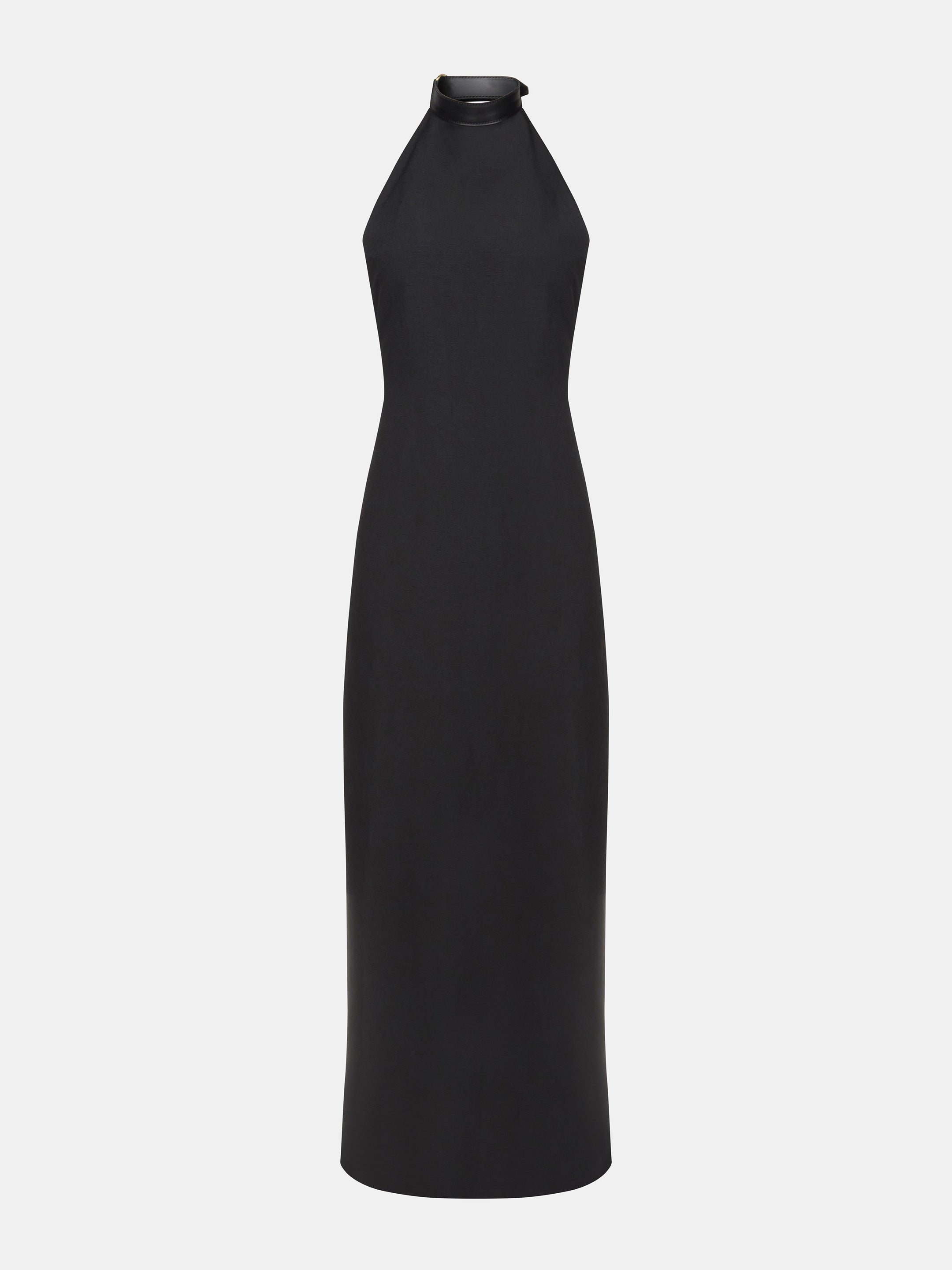 Black Lightweight Crepe Halter-Neck Dress with Leather Belt