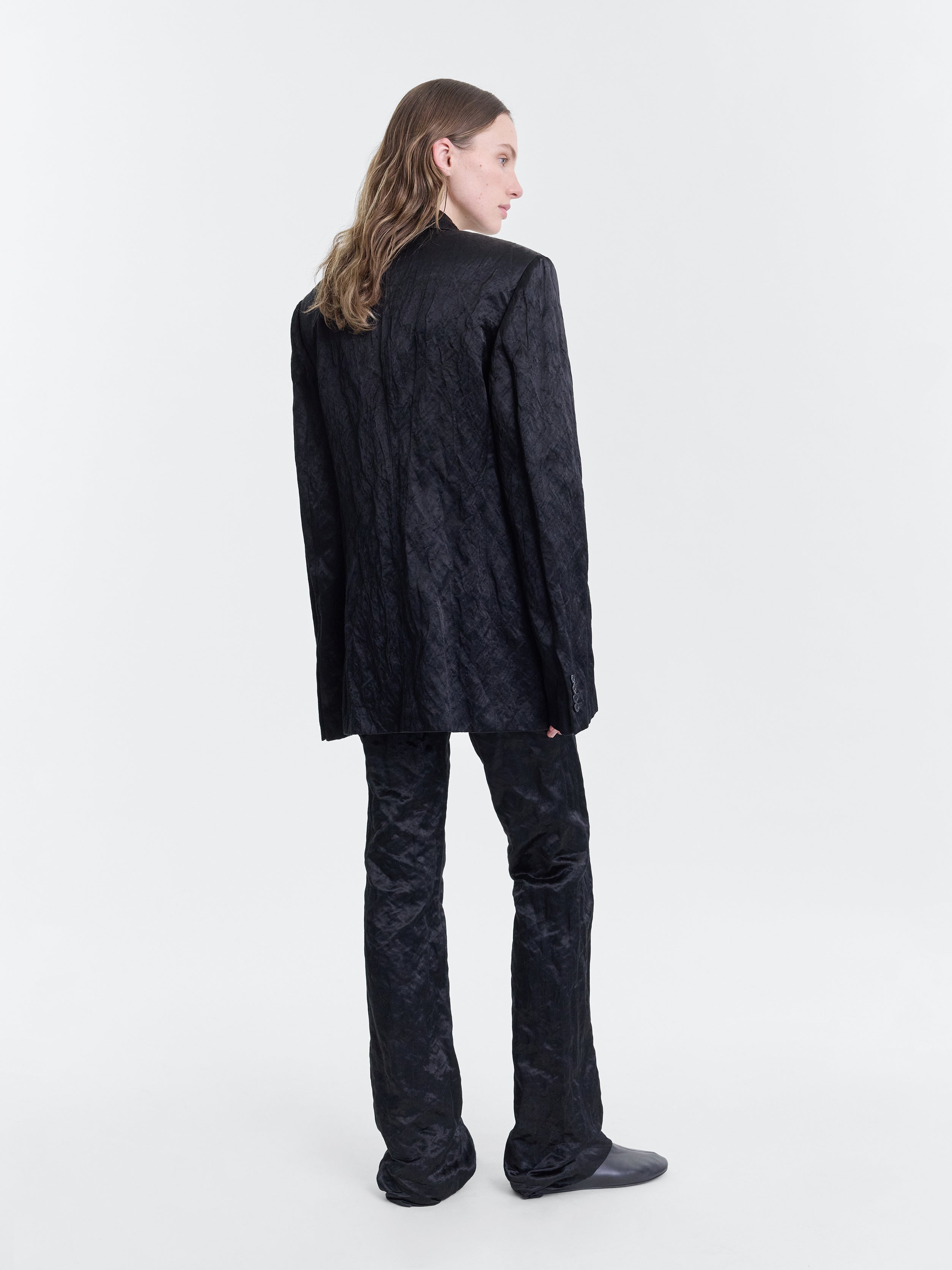 Black Coated Metallic Cotton Double-Breasted Blazer