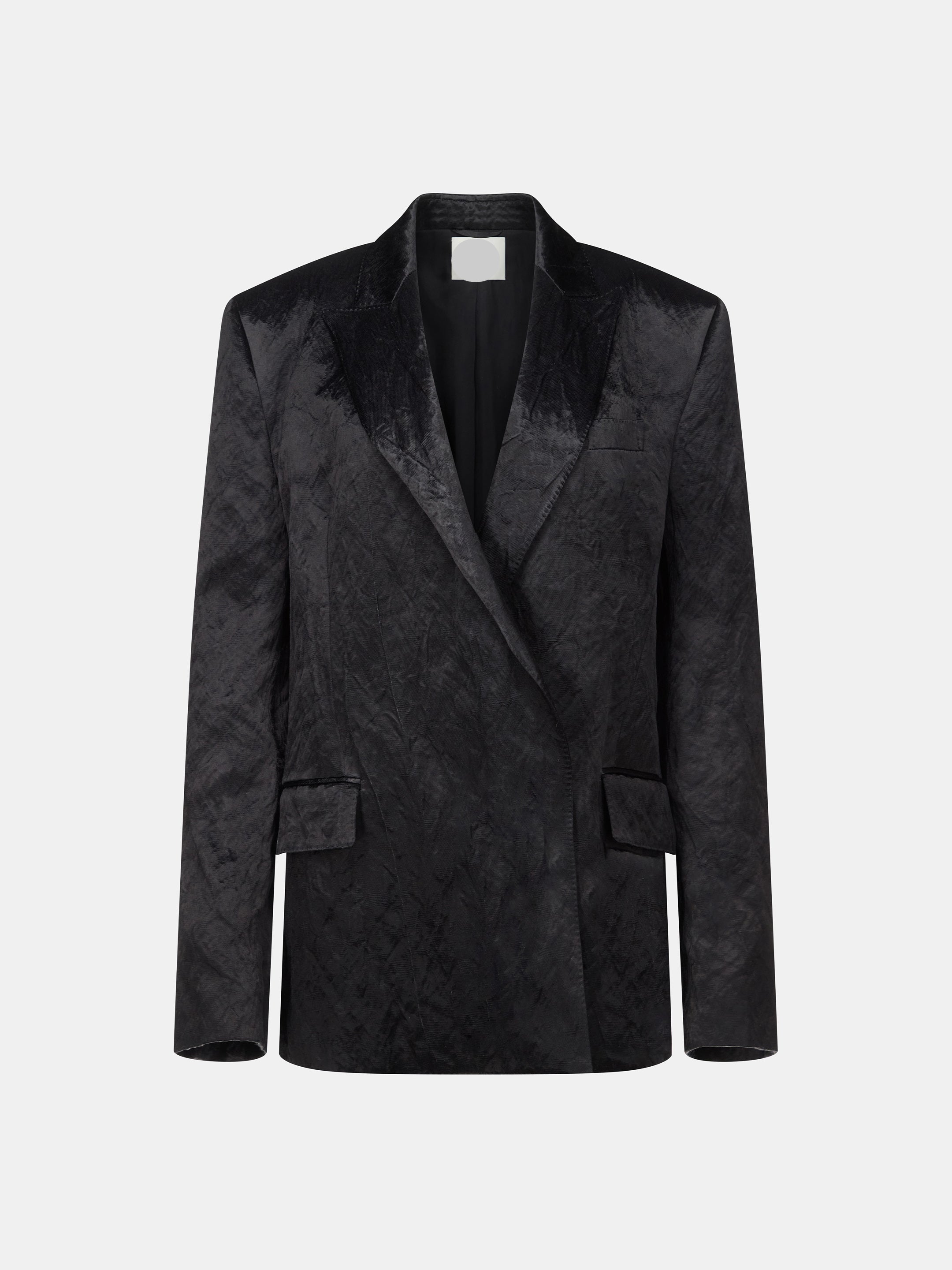 Black Coated Metallic Cotton Double-Breasted Blazer