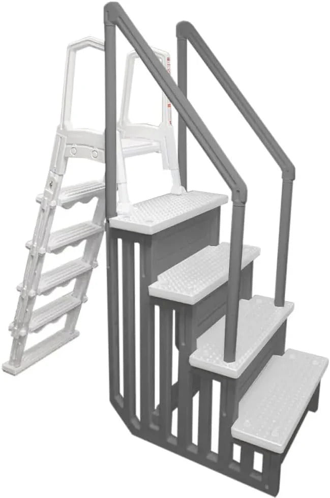 Non-slip pool entrance steps | Gray | Suitable for above-ground pools | Can be installed on patios with a height of 122 to 137 cm | Maximum load capacity 136 kg
